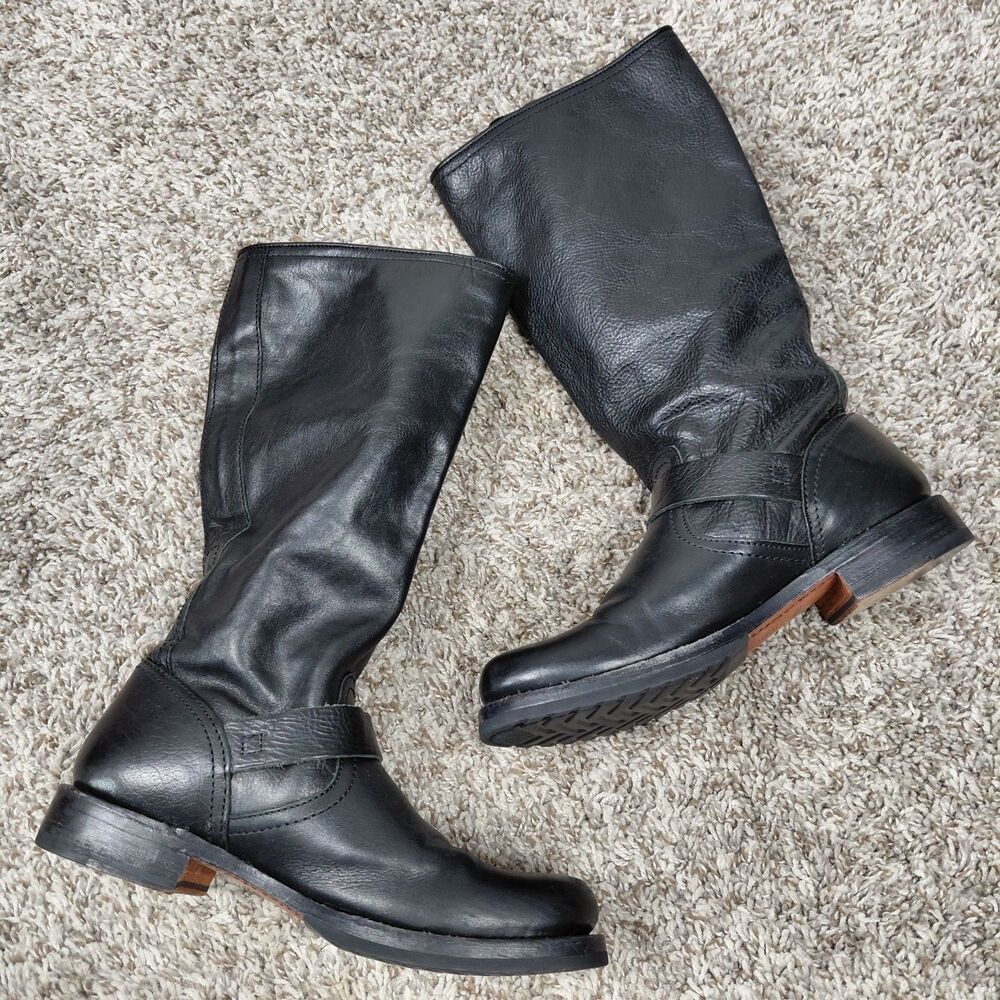 Frye Veronica Slouch Boots Womens 8.5 B Black Leather Riding Moto Harness Buckle - Picture 6 of 11